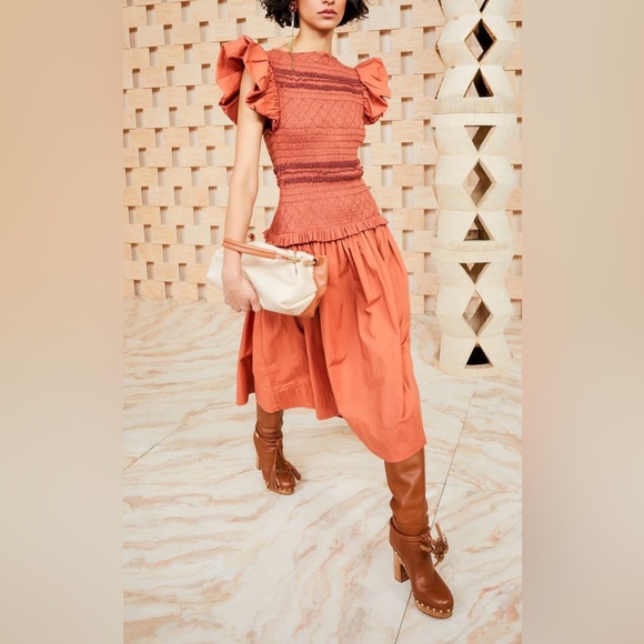 Ulla Johnson Flutter Sleeve Smocked Midi Madeline Dress, Clay Sz 2 (NWT) - Picture 2 of 9